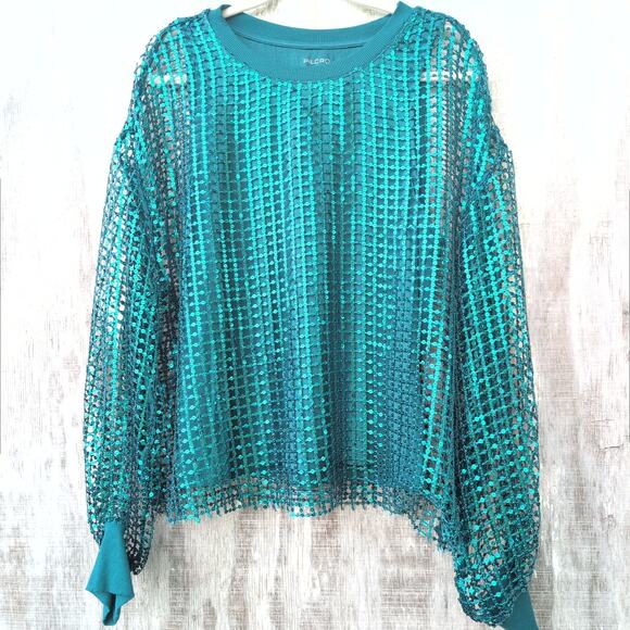 Anthropologie PILCRO Sequin Mesh Long Sleeved Top Women's Large Juniper Green - Picture 1 of 13